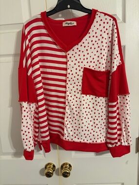 Haptics by Holly Harper Women’s Red & White Heart Patchwork Long-Sleeve Top